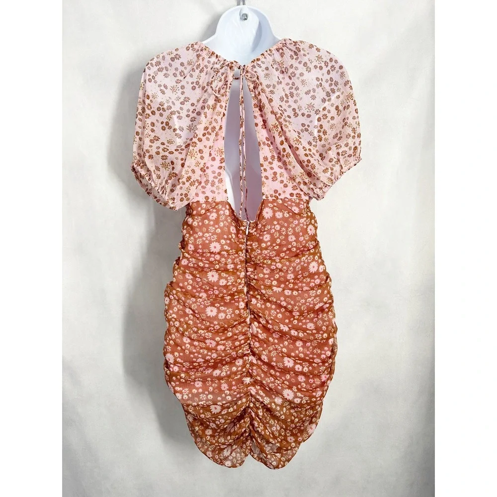 Free‎ People Tessa Floral Ruched Mini Cutout Dress Pink Rust Orange Size Small